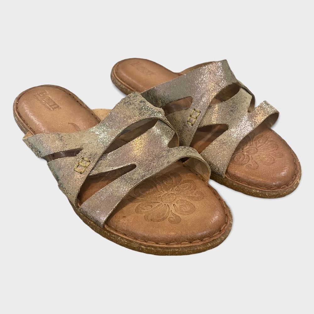 BORN Metallic Gold Leather Flats Slides Sandals Shoes